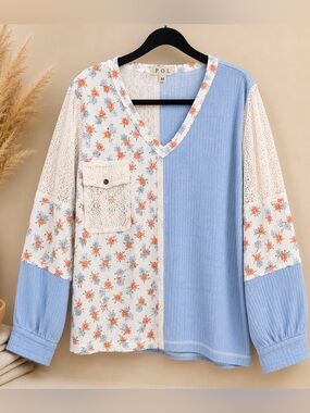 POL Blue Floral Patchwork Waffle Knit Lace Sleeve Top